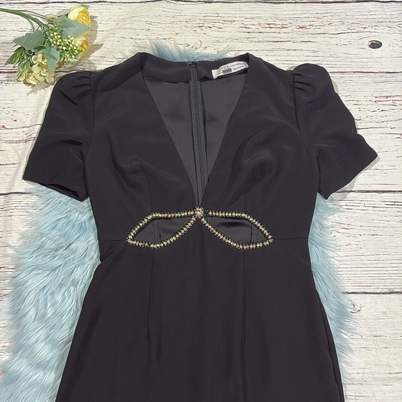 Mac Duggal Embellished Cutout Gown rhinestone puff sleeve bow black maxi - Picture 6 of 10